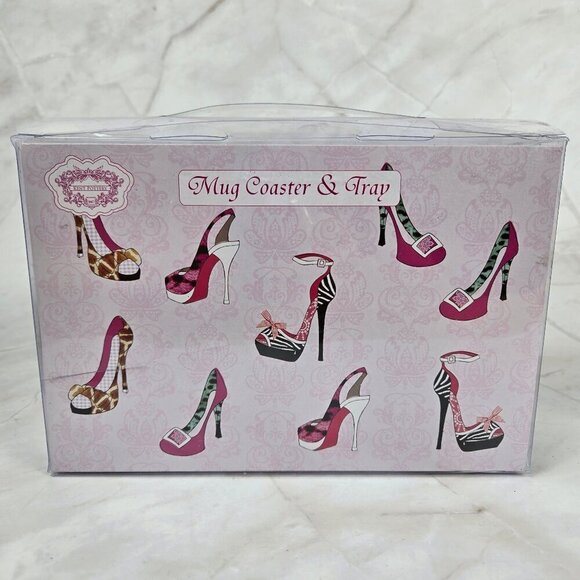 Set of Coffee Mug, Coaster & Tray Pink with High Heel Graphics Pattern NWT - Picture 2 of 6